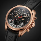 Luxury Men's Skeleton Chronograph Watch with Rose Gold Case and Black Leather Strap