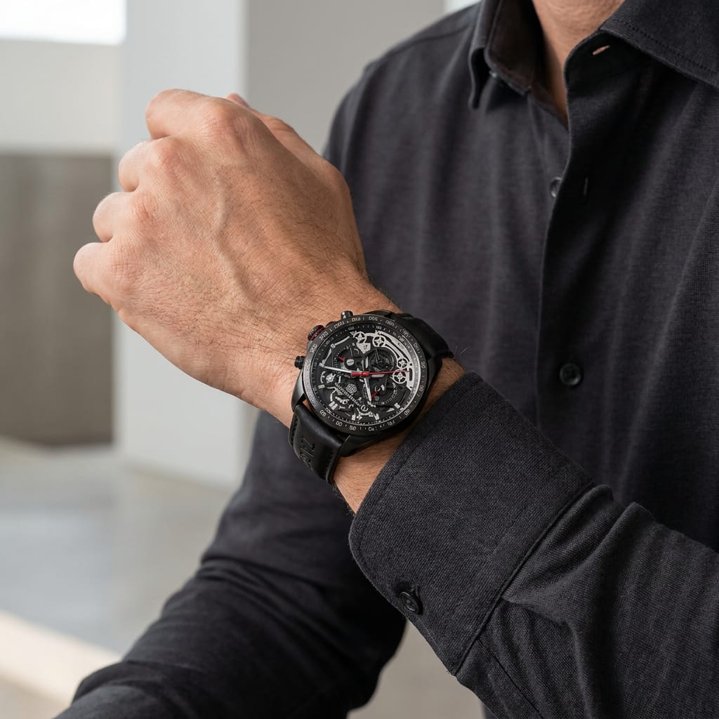 Luxury Black Skeleton Chronograph Watch for Men – Premium Stylish Wristwatch