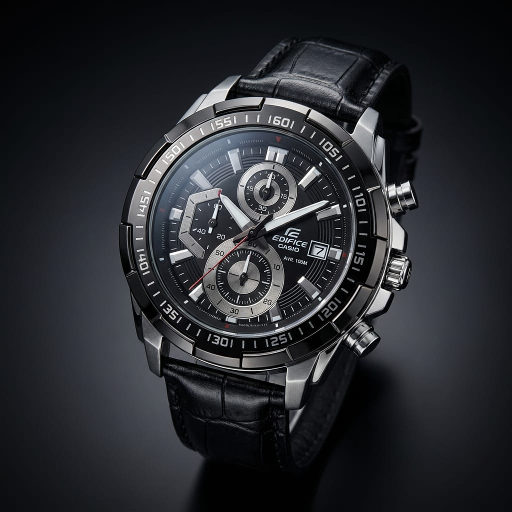 Men's Black Chronograph Analog Watch with Leather Strap | Sporty Luxury Wristwatch