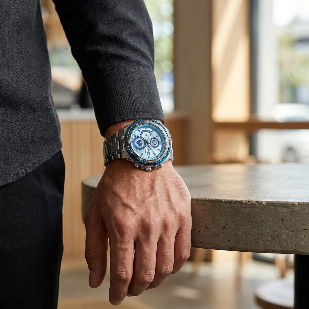 Men's Blue Dial Chronograph Analog Watch with Black Leather Strap | Sporty Wrist Watch
