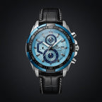 Men's Blue Dial Chronograph Analog Watch with Black Leather Strap | Sporty Wrist Watch