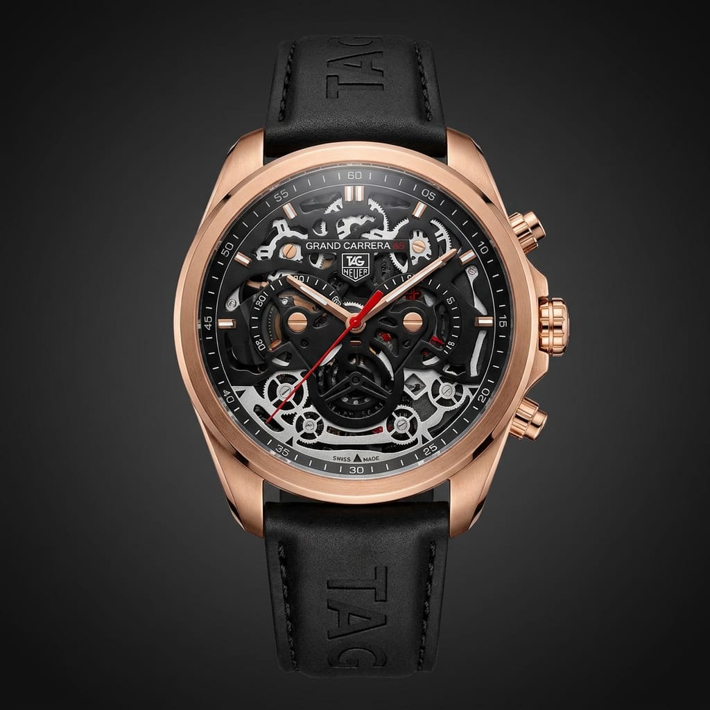 Luxury Men's Skeleton Chronograph Watch with Rose Gold Case and Black Leather Strap