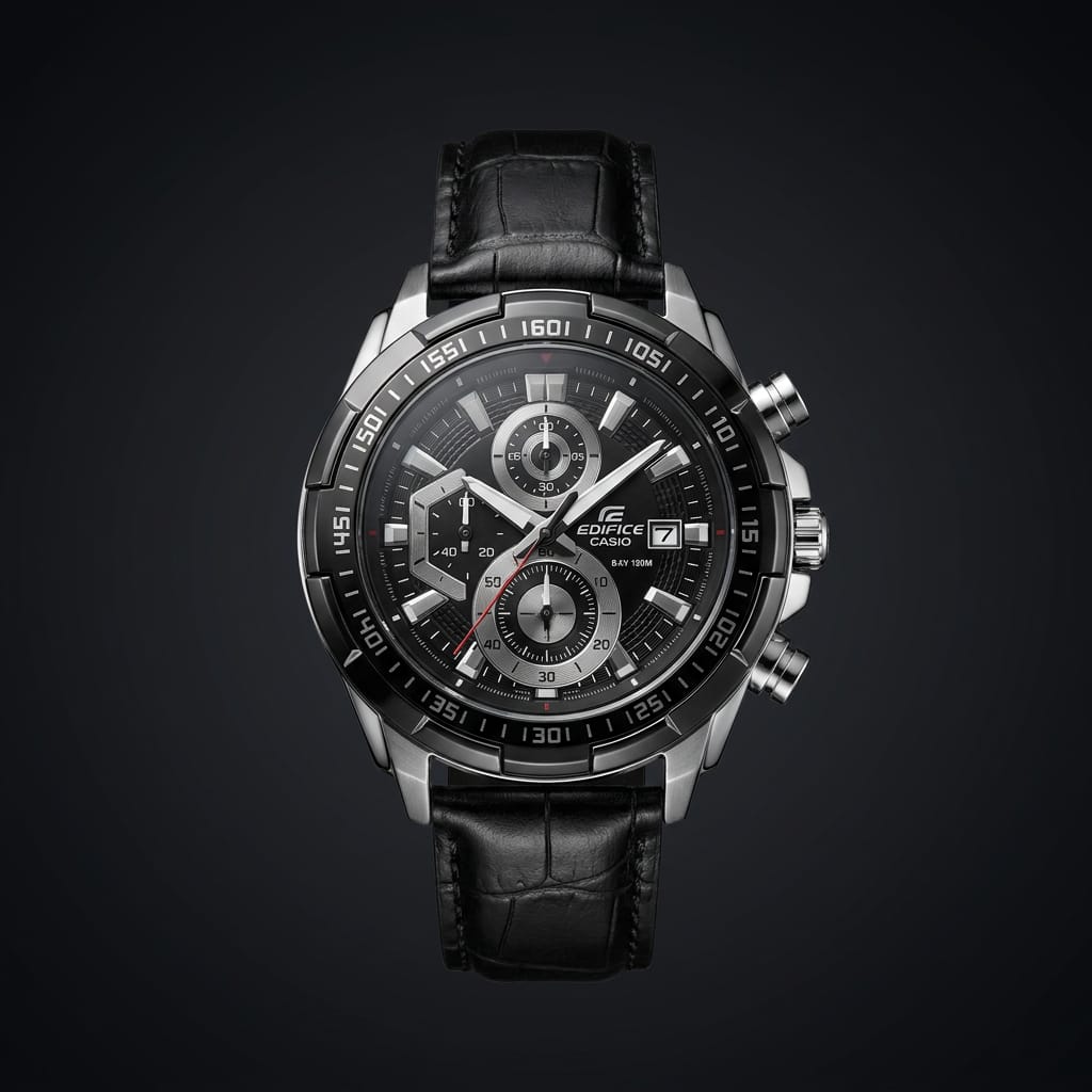 Men's Black Chronograph Analog Watch with Leather Strap | Sporty Luxury Wristwatch