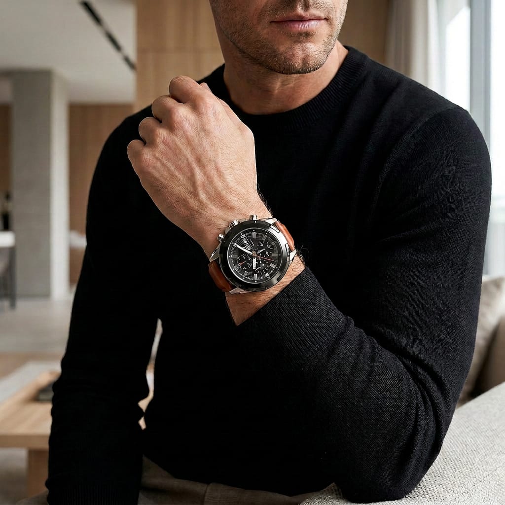 Men's Chronograph Analog Watch with Brown Leather Strap and Black Dial