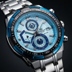 Men's Blue Dial Chronograph Analog Watch with Black Leather Strap | Sporty Wrist Watch