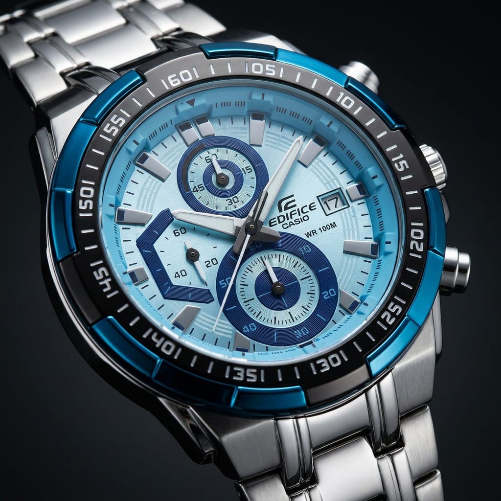 Men's Blue Dial Chronograph Analog Watch with Black Leather Strap | Sporty Wrist Watch
