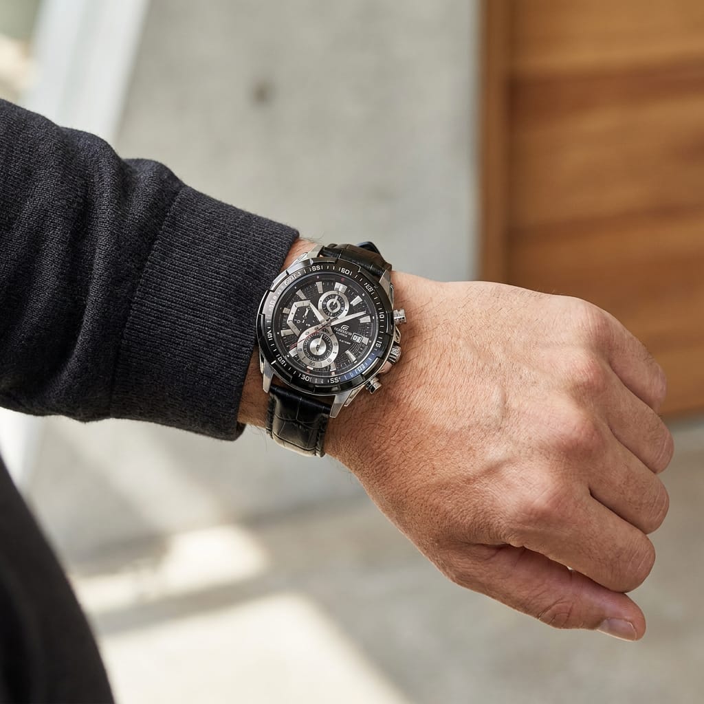 Men's Black Chronograph Analog Watch with Leather Strap | Sporty Luxury Wristwatch