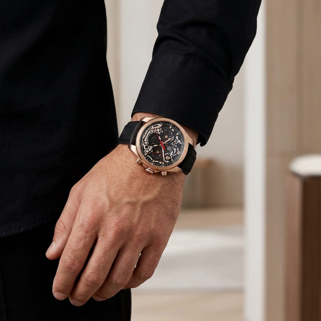 Luxury Men's Skeleton Chronograph Watch with Rose Gold Case and Black Leather Strap