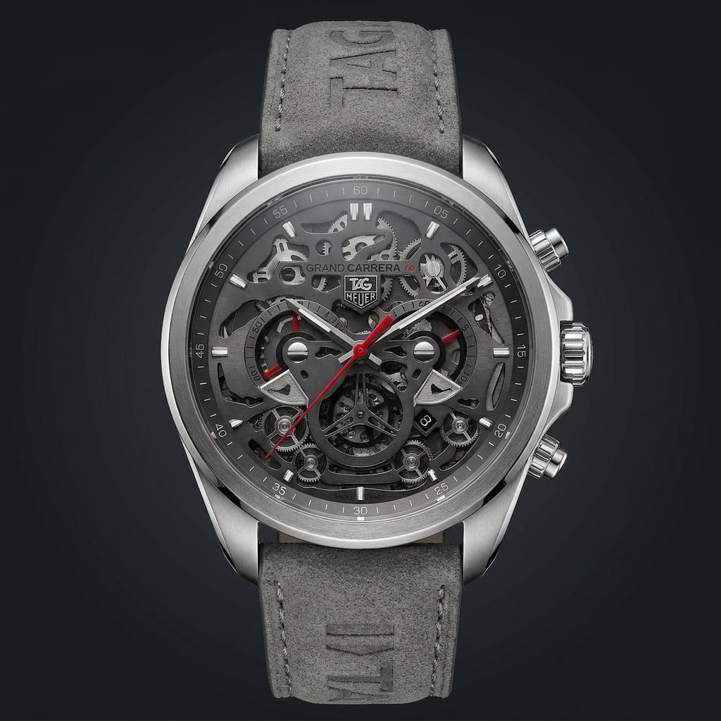 Men's Luxury Skeleton Dial Chronograph Style Watch with Grey Leather Strap