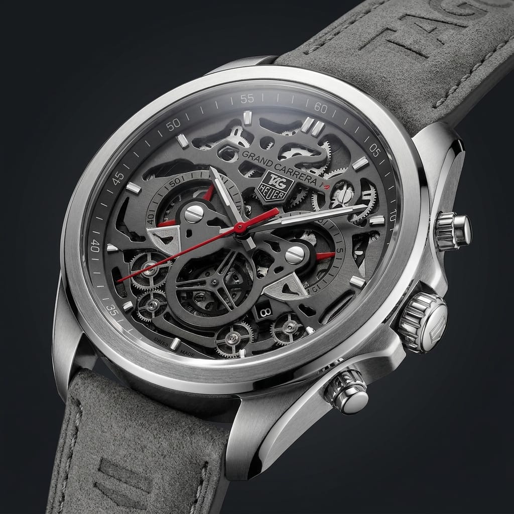 Men's Luxury Skeleton Dial Chronograph Style Watch with Grey Leather Strap