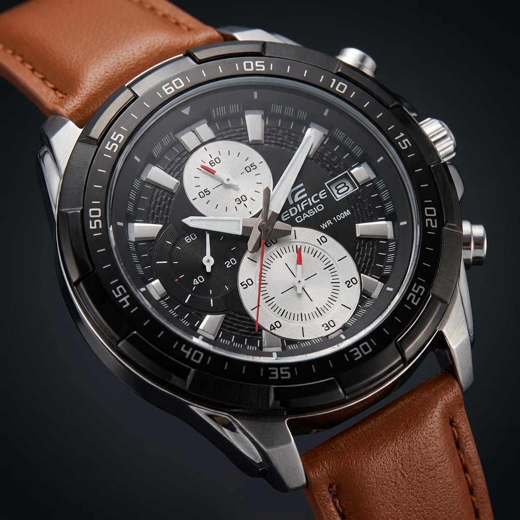 Men's Chronograph Analog Watch with Brown Leather Strap and Black Dial
