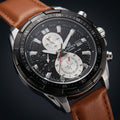 Men's Chronograph Analog Watch with Brown Leather Strap and Black Dial