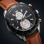 Men's Chronograph Analog Watch with Brown Leather Strap and Black Dial