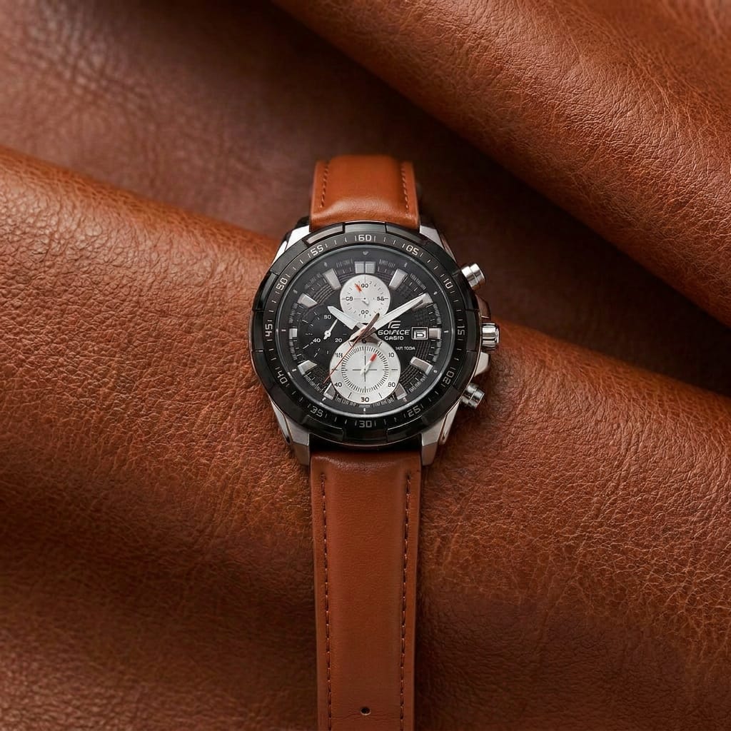 Men's Chronograph Analog Watch with Brown Leather Strap and Black Dial