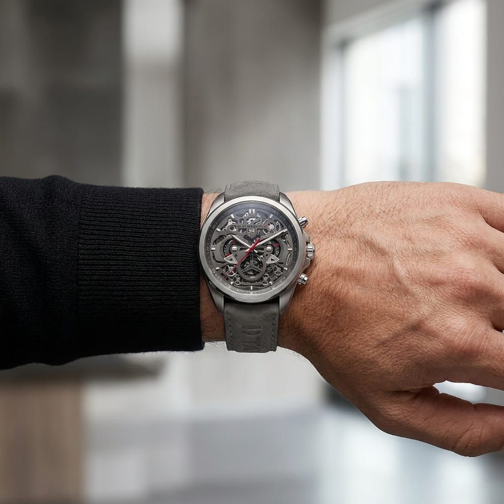 Men's Luxury Skeleton Dial Chronograph Style Watch with Grey Leather Strap