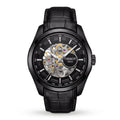 Men's Black Automatic Mechanical Skeleton Watch with Leather Strap