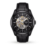 Men's Black Automatic Mechanical Skeleton Watch with Leather Strap