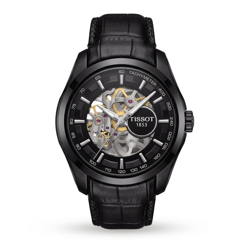 Men's Black Automatic Mechanical Skeleton Watch with Leather Strap