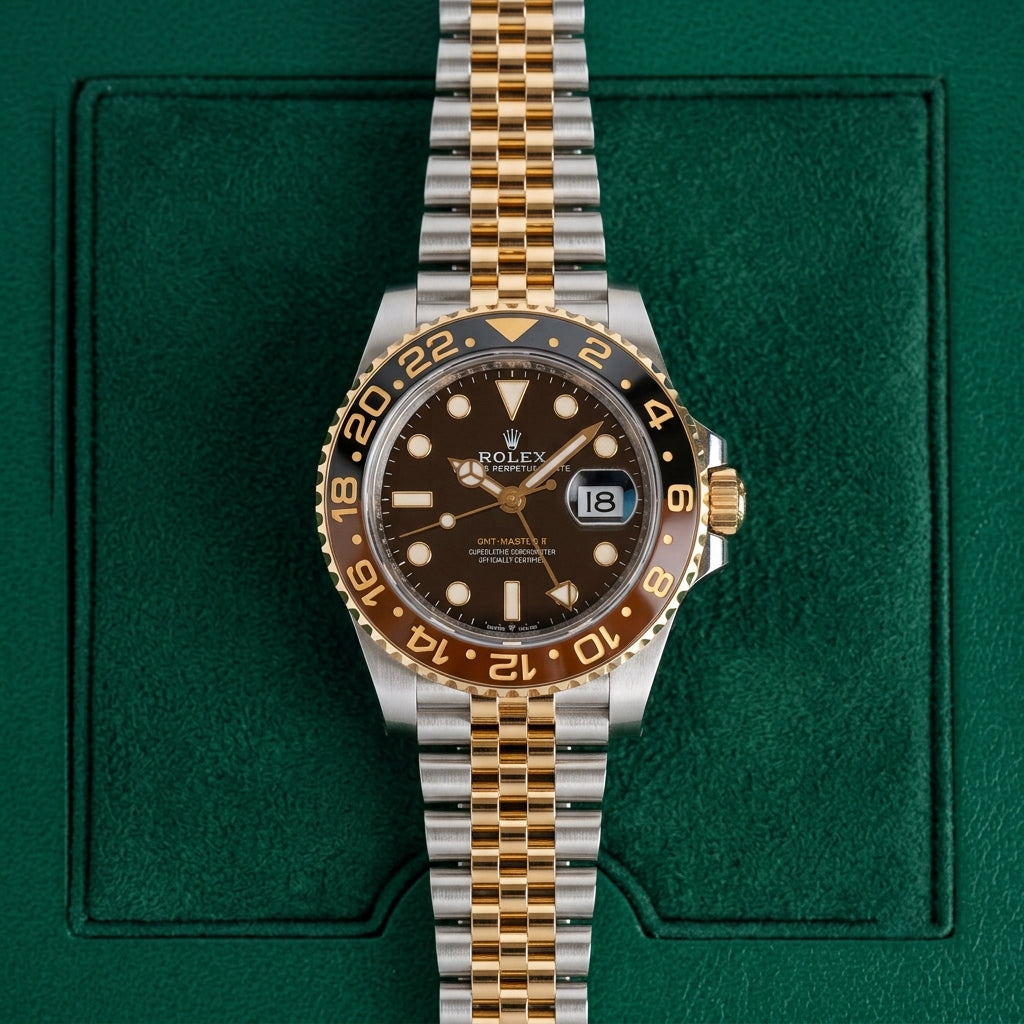 Two Tone Luxury GMT Watch with Brown Dial & Date Display