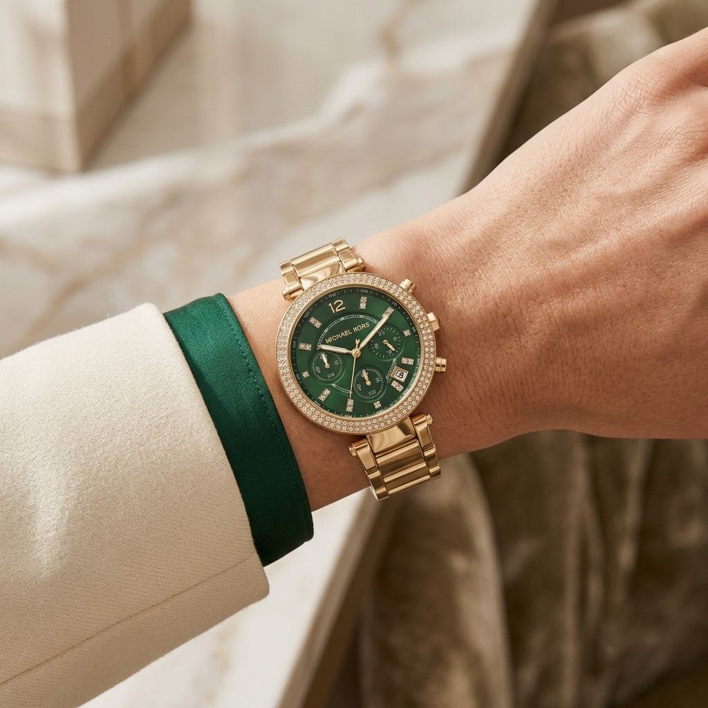 Michael Kors Green Dial Gold-Tone Chronograph Watch