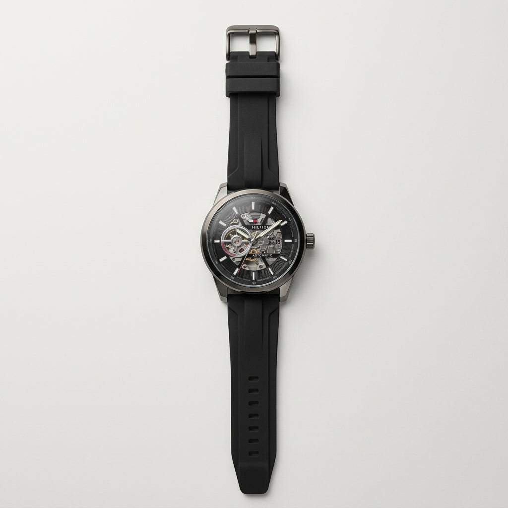 Men's Black Automatic Skeleton Mechanical Watch with Silicone Strap