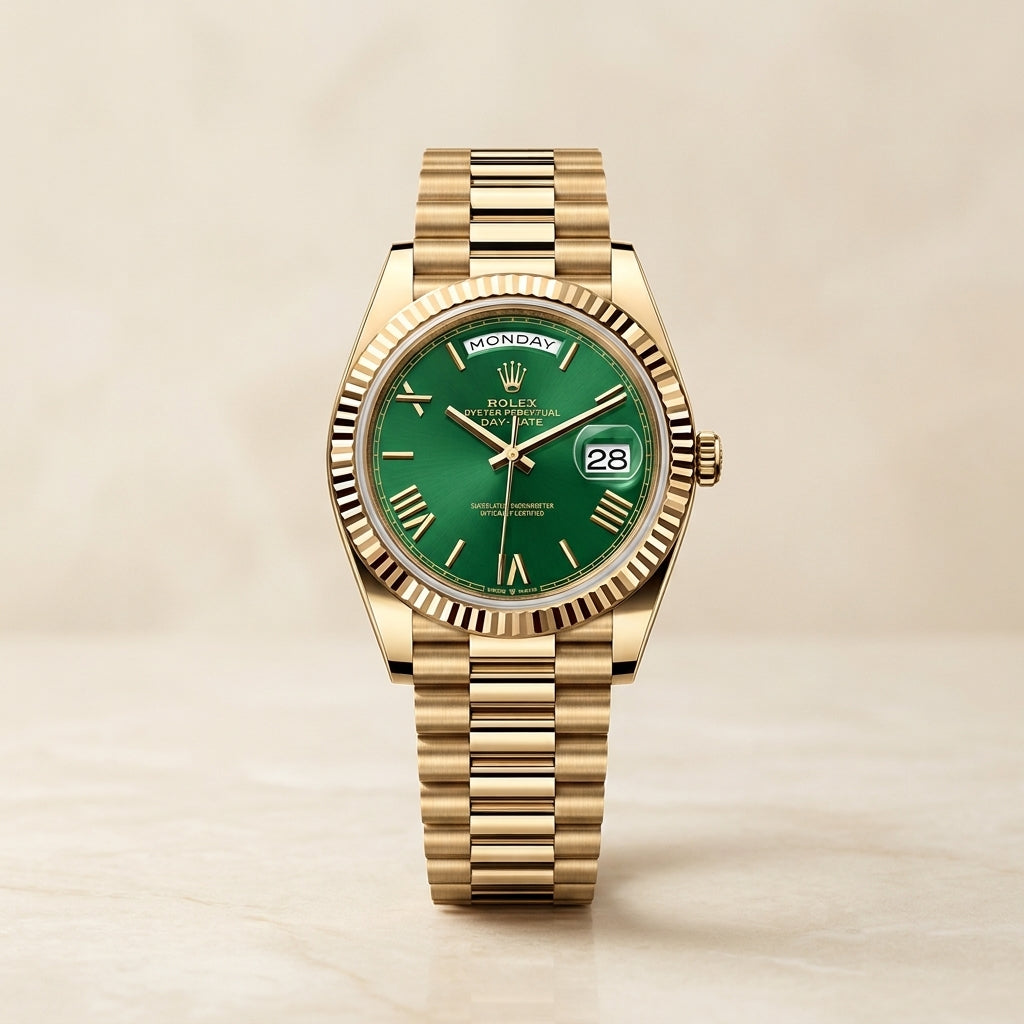 Men’s Gold Tone Green Dial Luxury Style Day-Date Watch