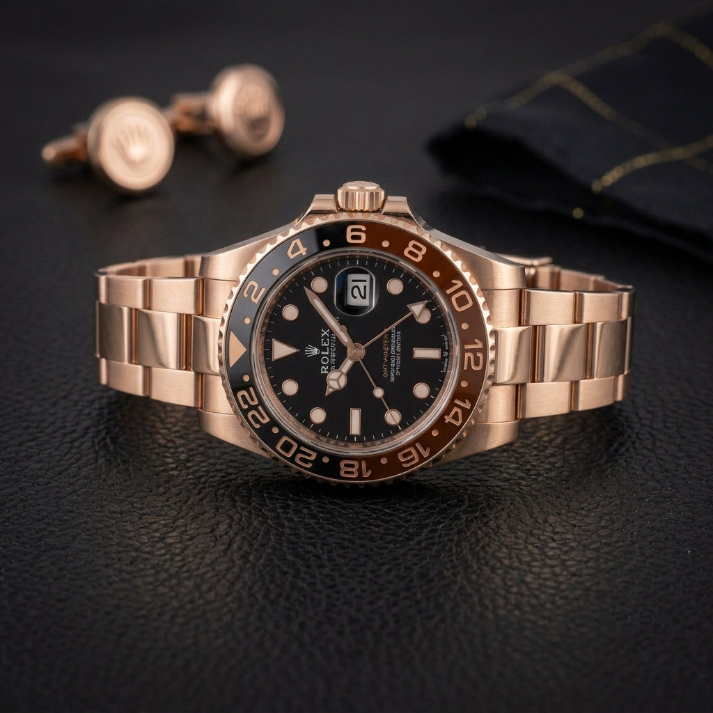 Rose Gold Luxury GMT-Style Men's Watch with Black Dial