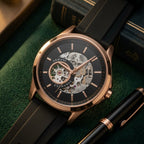 Armani Exchange Men's Analog Skeleton Dial Rose Gold Tone Black Strap Watch