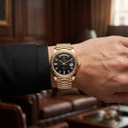 Luxury Gold Tone Day-Date Style Men’s Watch with Black Dial