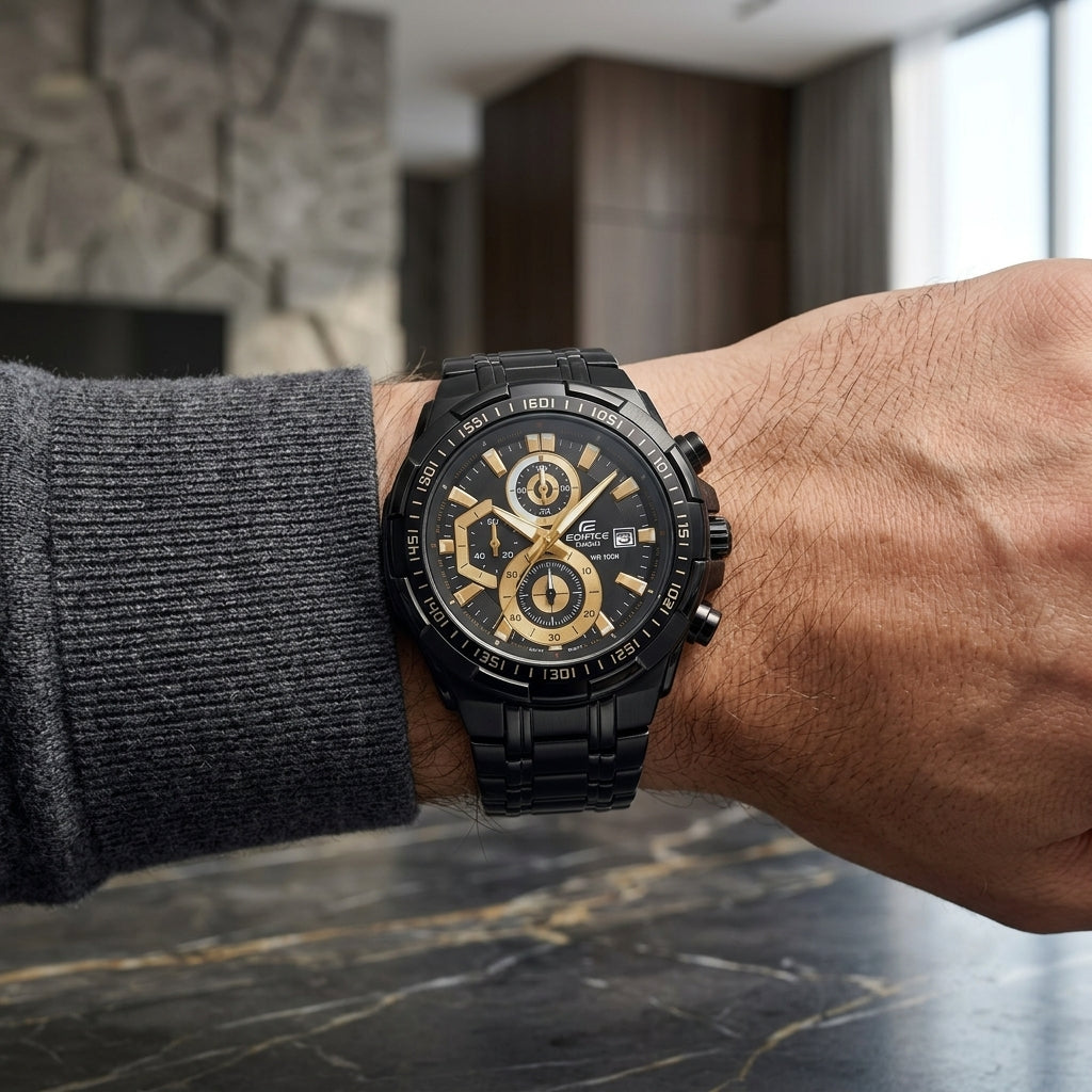 Men's Black Gold Chronograph Analog Watch with Stainless Steel Bracelet