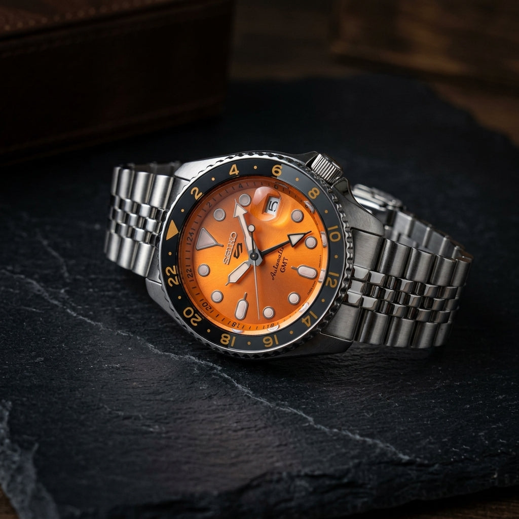 Seiko 5 Sports GMT Orange Dial Stainless Steel Automatic Watch