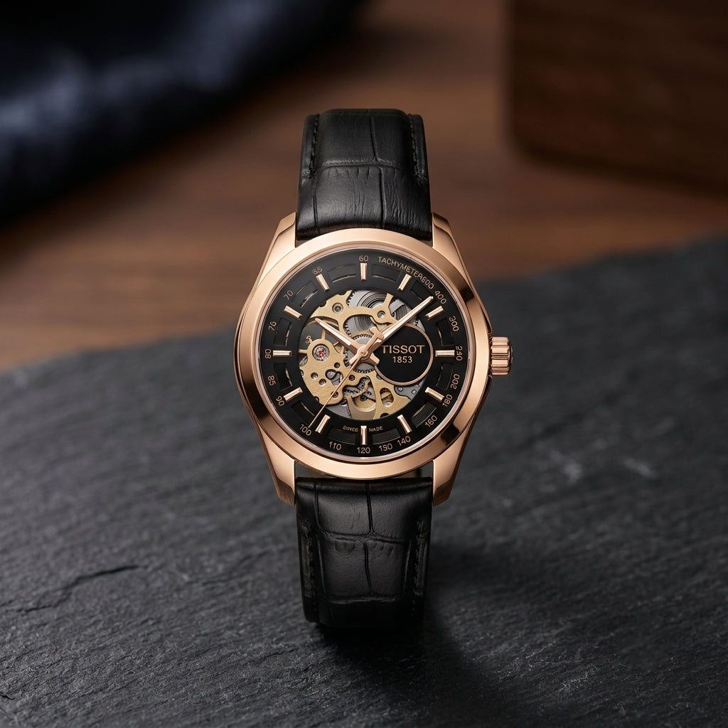 Luxury Skeleton Dial Analog Watch for Men with Black Leather Strap