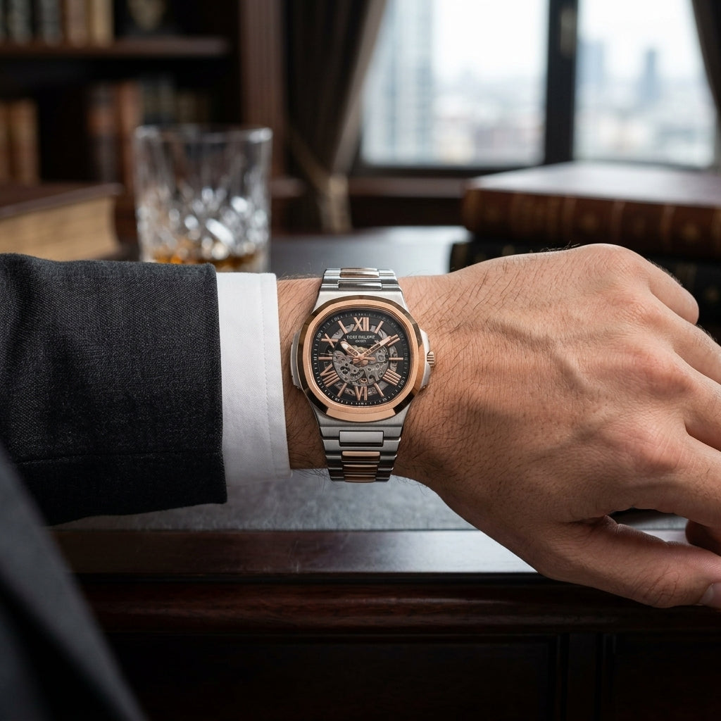 Luxury Skeleton Automatic Style Watch for Men – Rose Gold & Silver