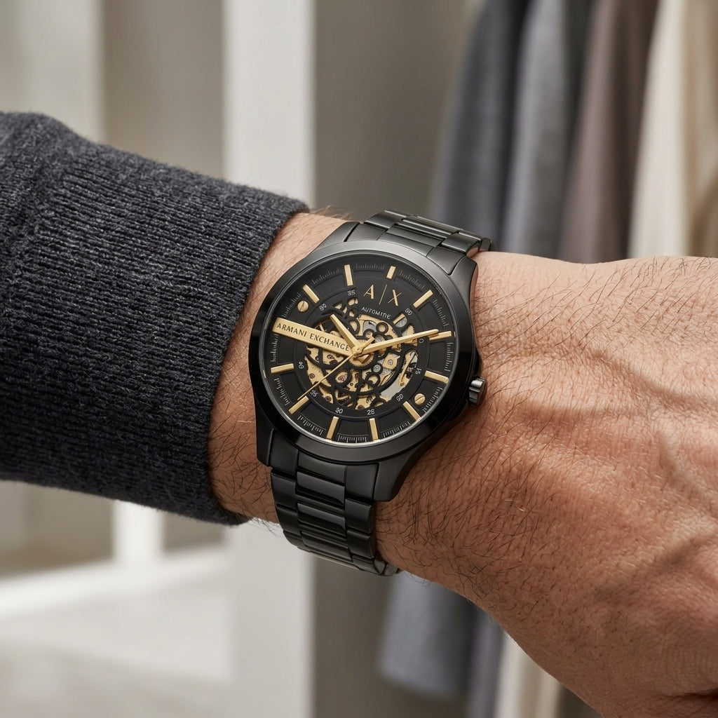 Armani Exchange Automatic Black Stainless Steel Skeleton Dial Watch for Men