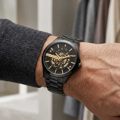 Armani Exchange Automatic Black Stainless Steel Skeleton Dial Watch for Men