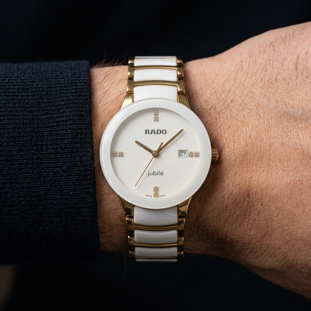Luxury White Ceramic & Gold-Tone Women's Watch with Crystal Dial