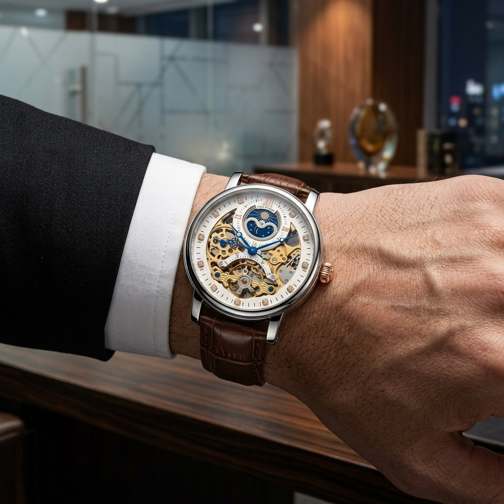 Luxury Skeleton Automatic Mechanical Watch for Men with Leather Strap