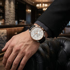 Men's Luxury Chronograph Watch with Black Leather Strap – Rose Gold & Silver Dial