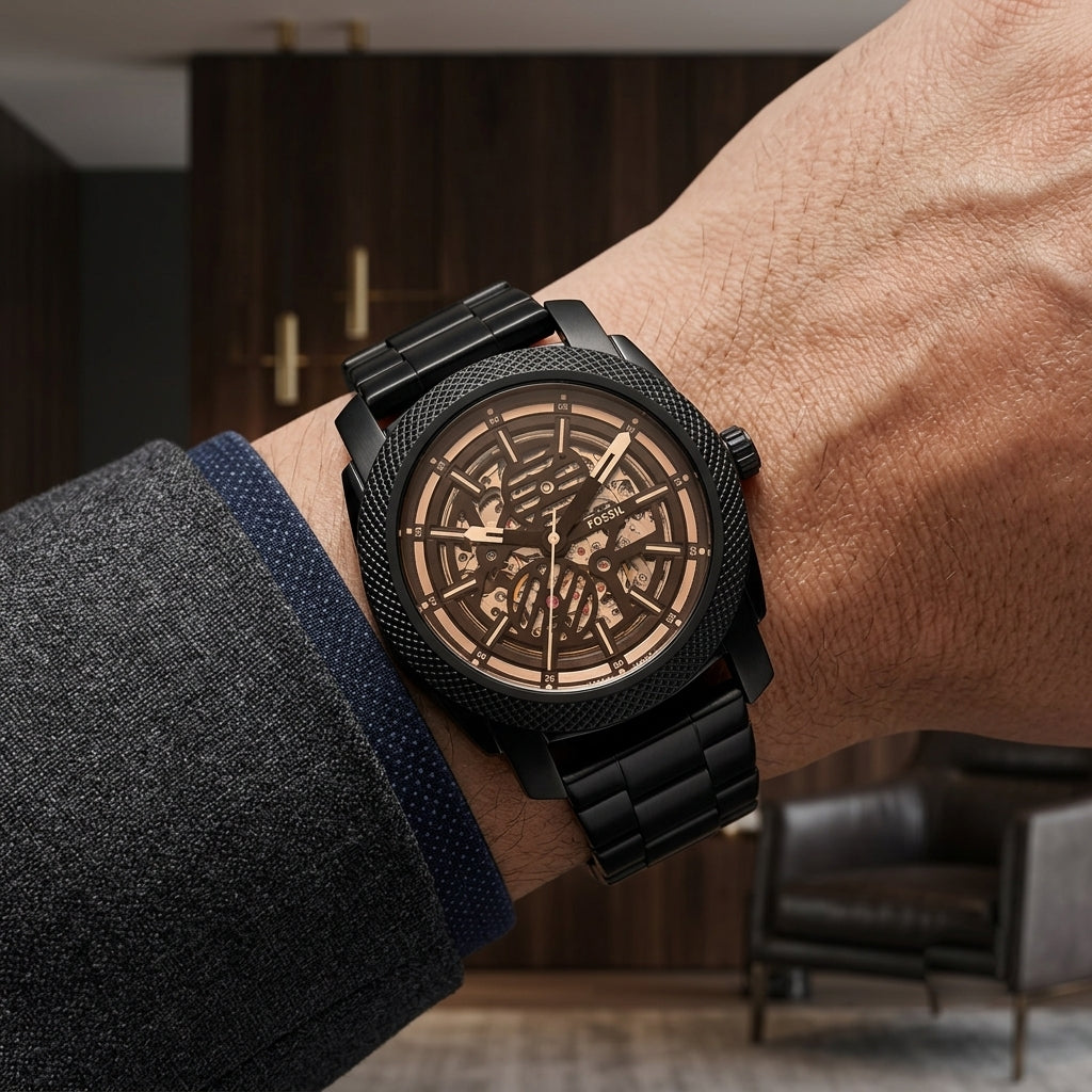 Fossil Black Stainless Steel Skeleton Automatic Watch for Men