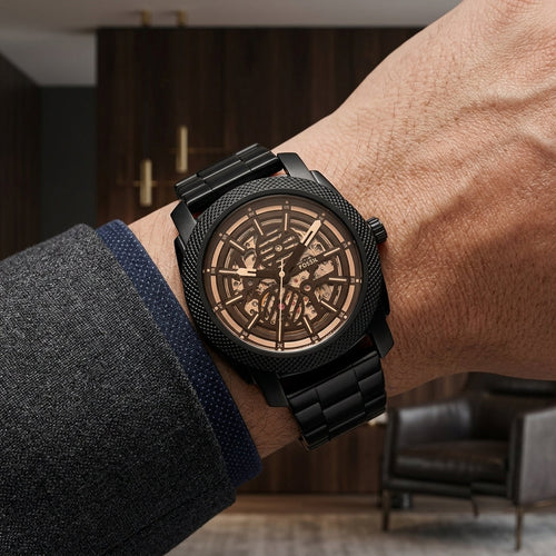 Fossil Black Stainless Steel Skeleton Automatic Watch for Men