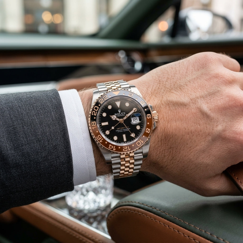 Two Tone Luxury GMT Watch with Brown Dial & Date Display