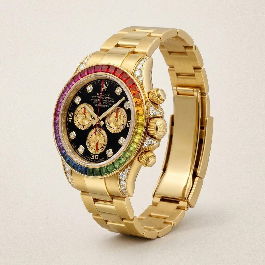 Luxury Gold-Tone Chronograph Watch with Rainbow Bezel & Black Dial