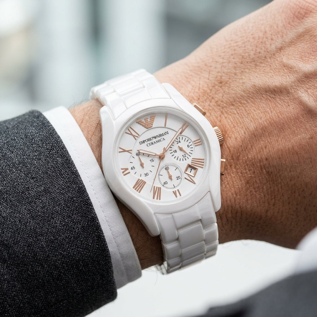 Emporio Armani Ceramica White Ceramic Rose Gold Chronograph Watch for Men