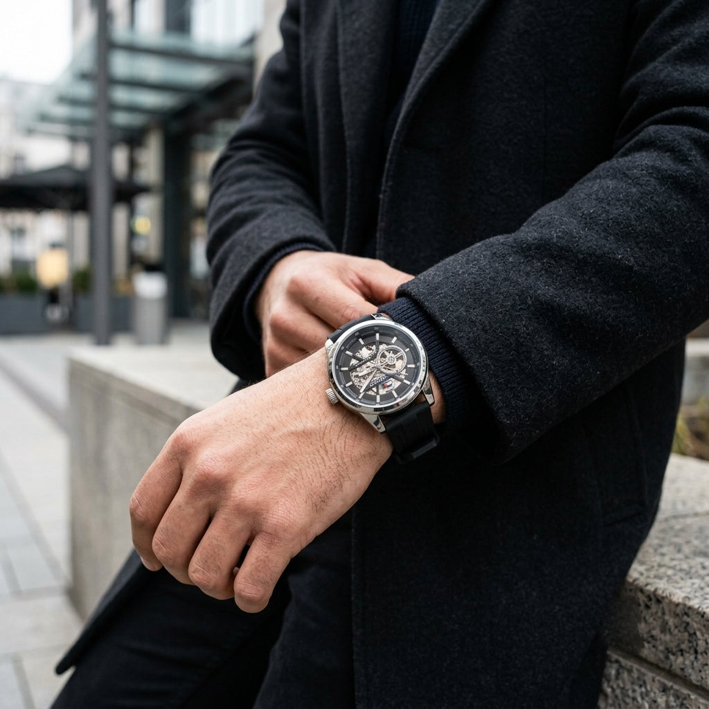 Tommy Hilfiger Automatic Skeleton Watch for Men – Black Silicone Strap