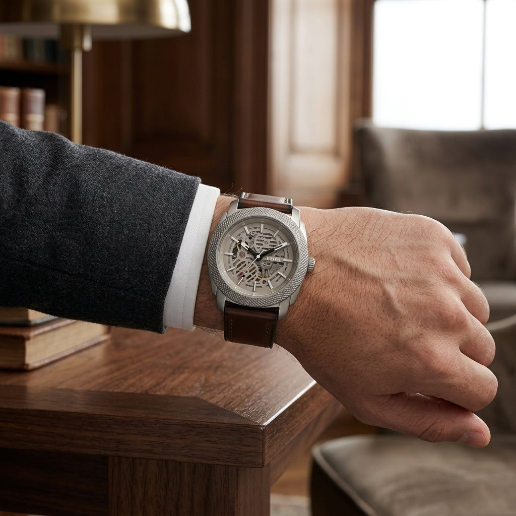 Men's Automatic Skeleton Analog Watch with Brown Leather Strap