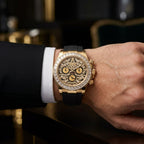 Luxury Gold Chronograph Watch with Black Rubber Strap & Diamond-Style Dial
