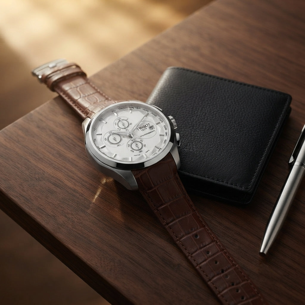 Men’s Chronograph Watch with Brown Leather Strap & Silver Case