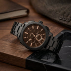 Men's Analog Chronograph Black Stainless Steel Watch with Brown Dial