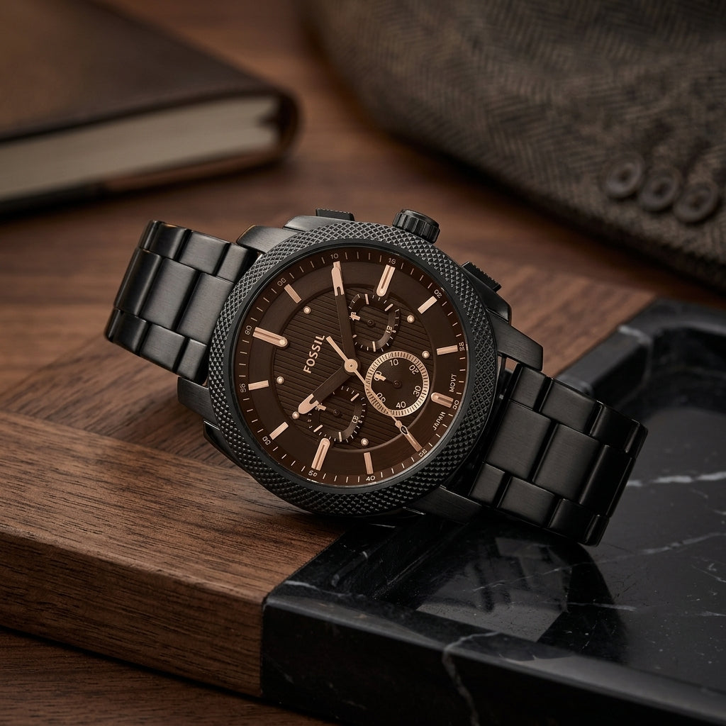 Men's Analog Chronograph Black Stainless Steel Watch with Brown Dial