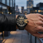 Men's Black Chronograph Analog Watch with Gold Accents | Metal Strap